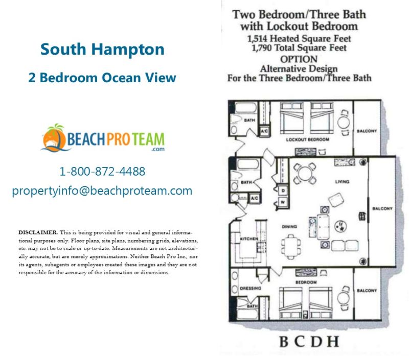 Kingston Plantation - South Hampton Floor Plan B, C , D & H - 2 Bedroom Ocean View